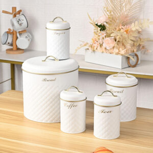 5 Pcs Tea Sugar Coffee Container Set Biscuits Jar Tinplate Bread Bin Set Kitchen Food Canister Set